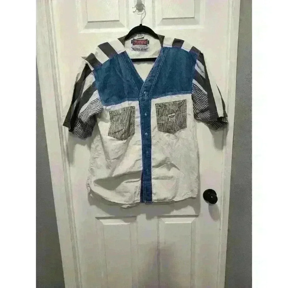 Vintage SOCCO Denim Shirt Adult Medium Blue White Retro 90's Button Short Sleeve - Picture 3 of 7